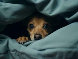 Mischievous dog peeking out from a cozy blanket fort AI Generative photo