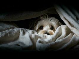 dañoso perro echar un vistazo fuera desde un acogedor cobija fuerte ai generativo foto