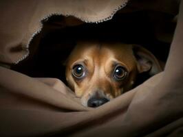 Mischievous dog peeking out from a cozy blanket fort AI Generative photo