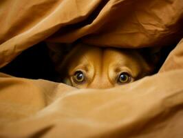 Mischievous dog peeking out from a cozy blanket fort AI Generative photo