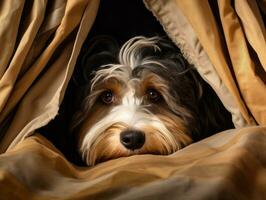 Mischievous dog peeking out from a cozy blanket fort AI Generative photo
