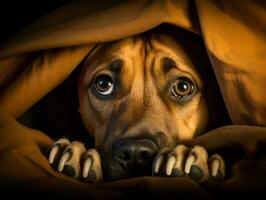 Mischievous dog peeking out from a cozy blanket fort AI Generative photo