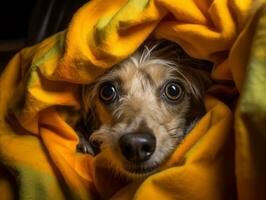 Mischievous dog peeking out from a cozy blanket fort AI Generative photo