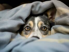 Mischievous dog peeking out from a cozy blanket fort AI Generative photo