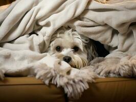 Mischievous dog peeking out from a cozy blanket fort AI Generative photo