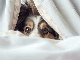 Mischievous dog peeking out from a cozy blanket fort AI Generative photo
