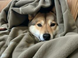 Mischievous dog peeking out from a cozy blanket fort AI Generative photo