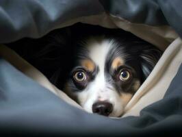 Mischievous dog peeking out from a cozy blanket fort AI Generative photo