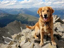 majestuoso perro en pie con orgullo en un montaña pico ai generativo foto