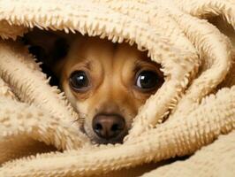 Mischievous dog peeking out from a cozy blanket fort AI Generative photo