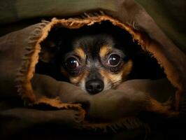 Mischievous dog peeking out from a cozy blanket fort AI Generative photo