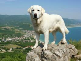 majestuoso perro en pie con orgullo en un montaña pico ai generativo foto