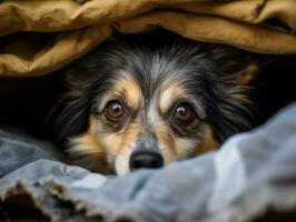 Mischievous dog peeking out from a cozy blanket fort AI Generative photo