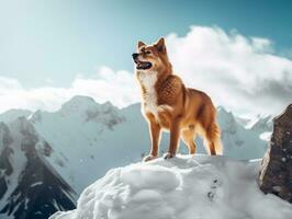 majestuoso perro en pie con orgullo en un montaña pico ai generativo foto