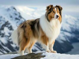 majestuoso perro en pie con orgullo en un montaña pico ai generativo foto