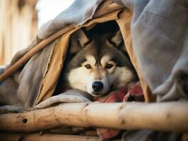 Mischievous dog peeking out from a cozy blanket fort AI Generative photo