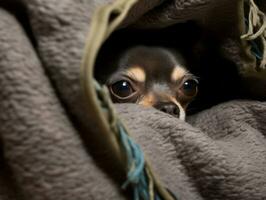 Mischievous dog peeking out from a cozy blanket fort AI Generative photo