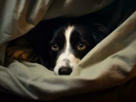 Mischievous dog peeking out from a cozy blanket fort AI Generative photo