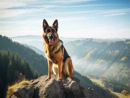 Majestic dog standing proudly on a mountain peak AI Generative photo