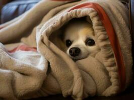 Mischievous dog peeking out from a cozy blanket fort AI Generative photo