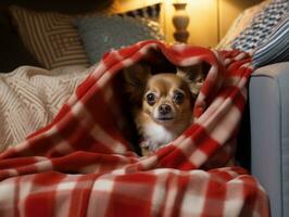 Mischievous dog peeking out from a cozy blanket fort AI Generative photo