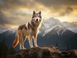 Majestic dog standing proudly on a mountain peak AI Generative photo