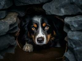 Mischievous dog peeking out from a cozy blanket fort AI Generative photo