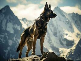 Majestic dog standing proudly on a mountain peak AI Generative photo