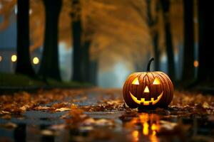 Spooky Halloween festivities merge with the enchanting colors of autumn AI Generated photo