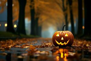 Spooky Halloween festivities merge with the enchanting colors of autumn AI Generated photo