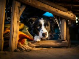 Mischievous dog peeking out from a cozy blanket fort AI Generative photo