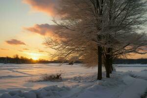 Sunsets golden embrace blankets the serene winter landscape AI Generated photo