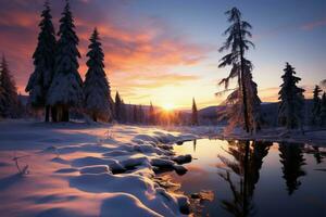 Sunset transforms the winter wonderland into a serene and enchanting scene AI Generated photo