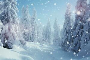 Snow kissed Carpathian woods with frozen trees, a serene mountain scene AI Generated photo