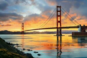 San Franciscos landmark, the illustrious Golden Gate Bridge, painted gold AI Generated photo
