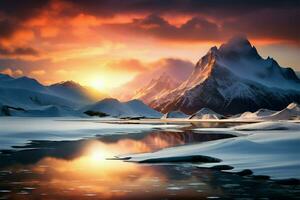 Sunsets warmth embraces the snow draped mountain range in peaceful grandeur AI Generated photo