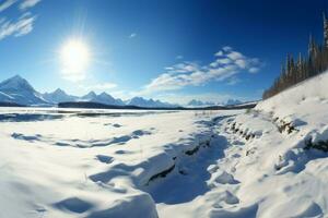 Snow covered terrain with majestic mountains in the distant background AI Generated photo