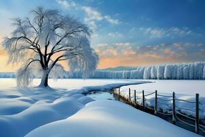 Snowy trees in winter create a breathtaking, tranquil natural landscape AI Generated photo