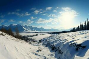 Snow blankets the land, with distant mountains gracing the backdrop AI Generated photo
