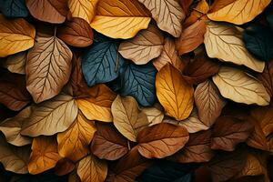 Fallen leaves create an artistic, text friendly backdrop with warm hues AI Generated photo