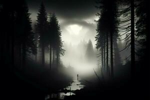 Mystical forest in tranquil silhouette, a timeless scene rendered in monochrome AI Generated photo