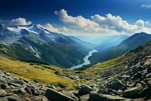 High altitude vistas reveal the awe inspiring allure of mountain landscapes AI Generated photo