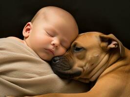 amoroso perro acariciando un recién nacido bebé en un cuna ai generativo foto