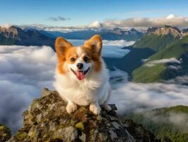 majestuoso perro en pie con orgullo en un montaña pico ai generativo foto