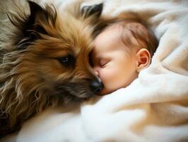 Loving dog nuzzling a newborn baby in a crib AI Generative photo