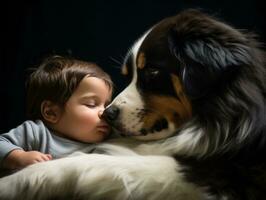 Loving dog nuzzling a newborn baby in a crib AI Generative photo