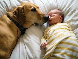 Loving dog nuzzling a newborn baby in a crib AI Generative photo