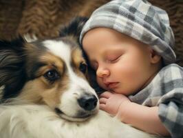 Loving dog nuzzling a newborn baby in a crib AI Generative photo