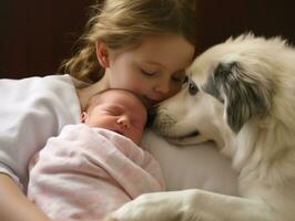 amoroso perro acariciando un recién nacido bebé en un cuna ai generativo foto