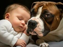 Loving dog nuzzling a newborn baby in a crib AI Generative photo